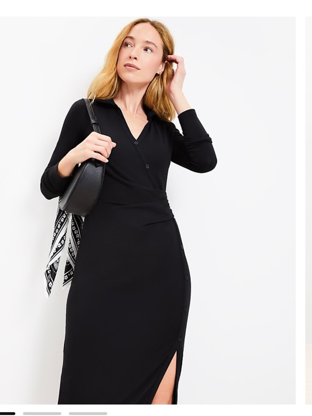 LOFT Black Long-Sleeve Wrap Midi Dress with Side Slit